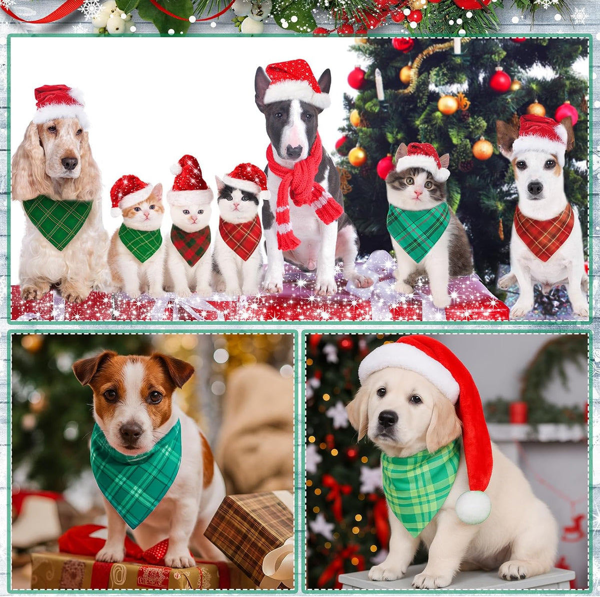 Abbylike 200 Pcs Christmas Dog Bandanas Bulk Xmas Red and Green Buffalo Plaid Bandanas for Dogs