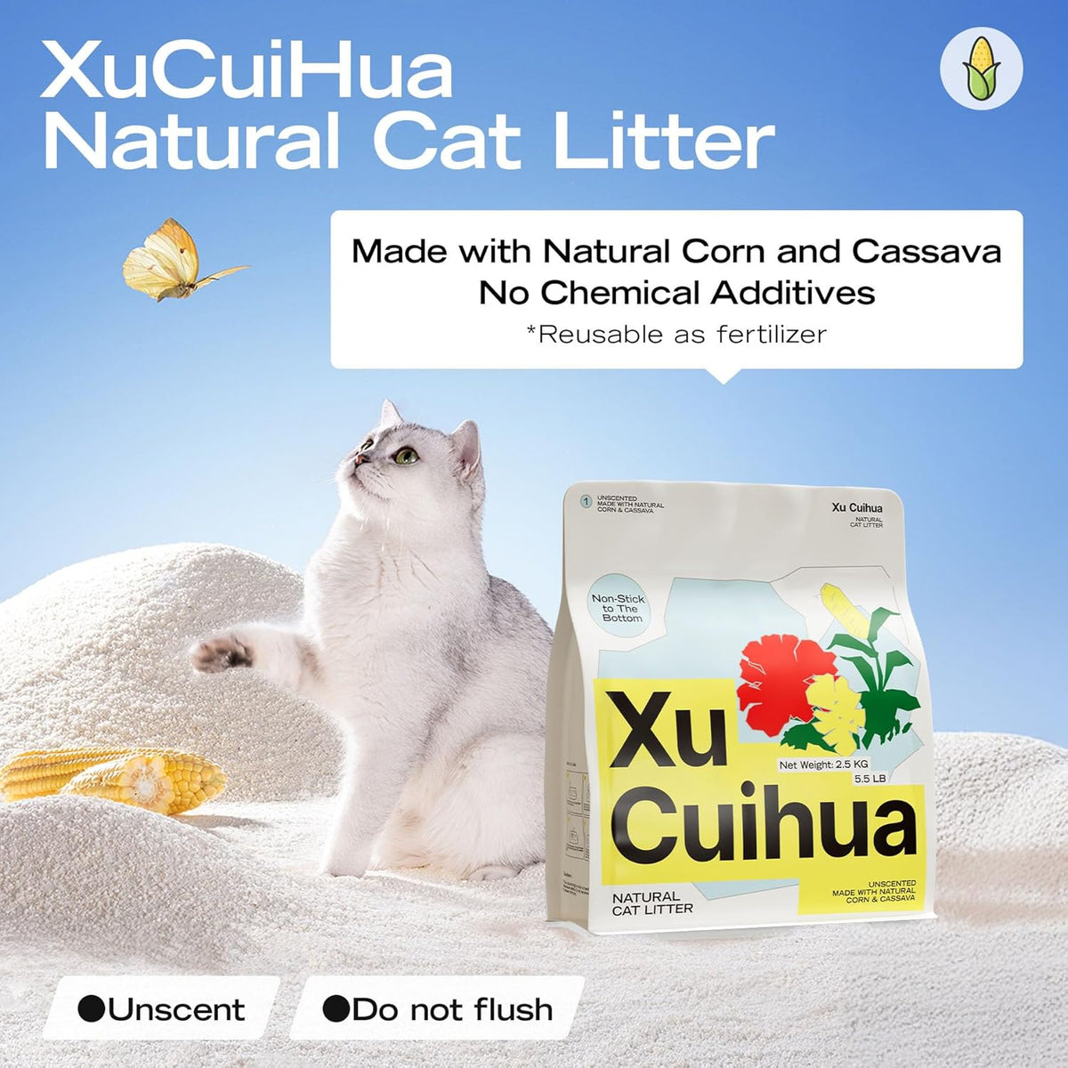 Natural Cat Litter Unscented, 100% Plant-Based, Strong Clumping Litter, Easy Scooping, Clumps Lift