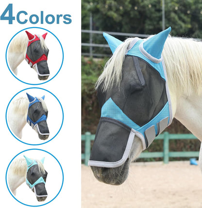 Horse Fly Mask with Ears & Long Nose Cover | Forelock Opening for Tangle-Free Mane Care | UV