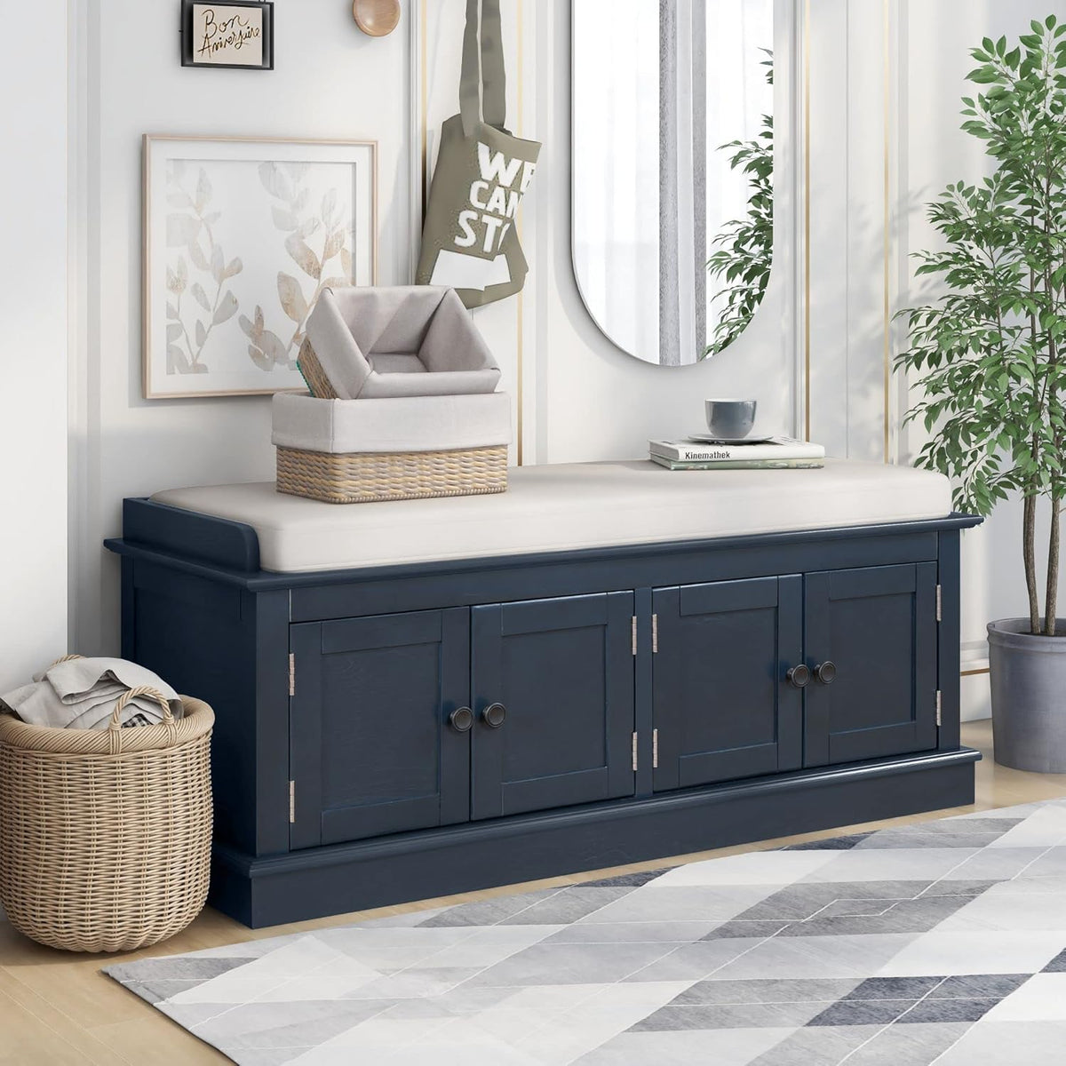Storage Bench with 4 Doors and Adjustable Shelves, Shoe Bench with Removable Cushion for Living