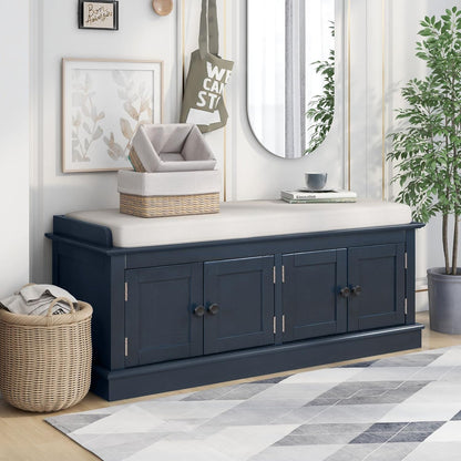 Storage Bench with 4 Doors and Adjustable Shelves, Shoe Bench with Removable Cushion for Living
