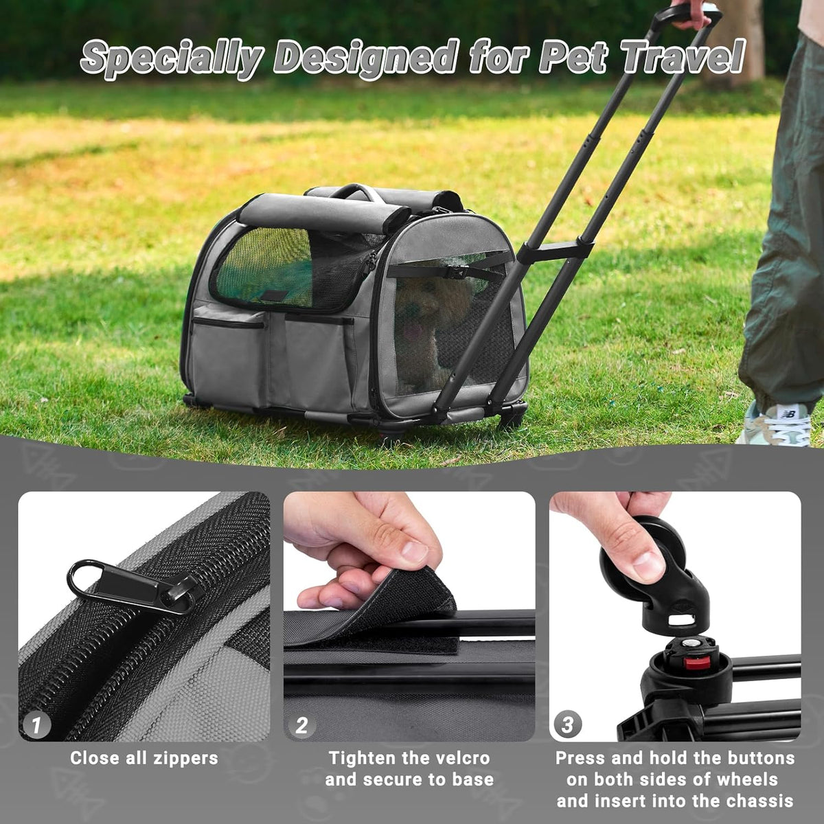 Large Pet Carrier with Wheels, Foldable Rolling Dog Carrier with Wheels and Big Pocket, Cat Rolling