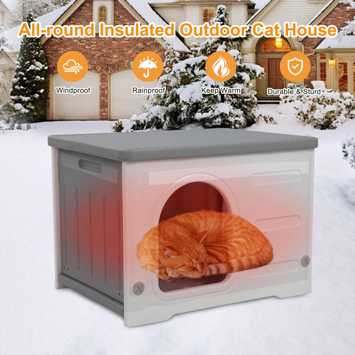 Rockever Plastic Outdoor Indoor Cat House with Insulated Liner, 100% Insulated Feral Cat House for