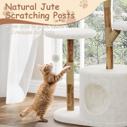 Modern Wood Cat Tree Tower for Large Cats | Luxury Solid Pear Wood Condo with Platforms, Scratching