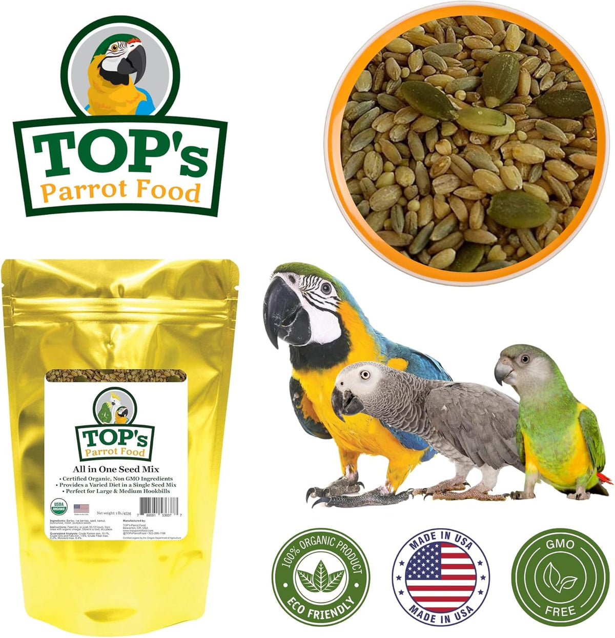 TOP's All in One Seed Mix for Large Birds, Non-GMO, Peanut Soy & Corn Free, USDA Organic Certified