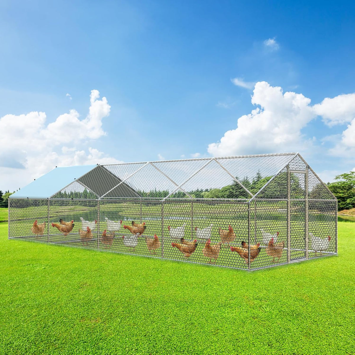 4ever2buy Large Metal Chicken Coop with Run Walk-in Poultry Cage Chicken Runs House Pen Cage Spire