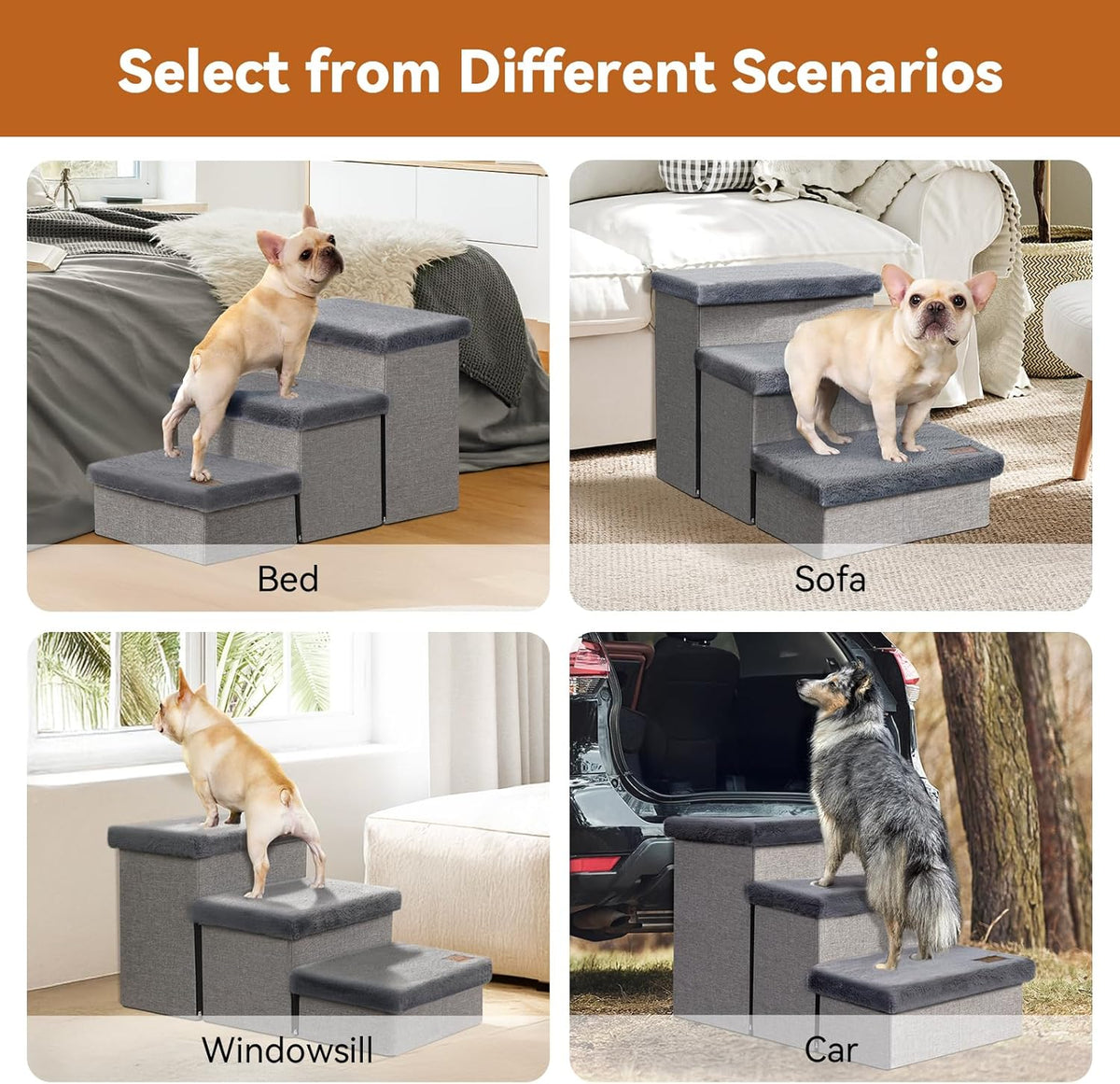 Dog Stairs with Furry Lids 18" H, 3-Step Wider Dog Steps with Storage for Small/Medium/Large Old