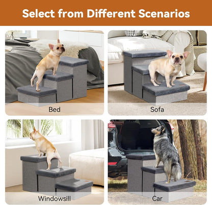 Dog Stairs with Furry Lids 18" H, 3-Step Wider Dog Steps with Storage for Small/Medium/Large Old