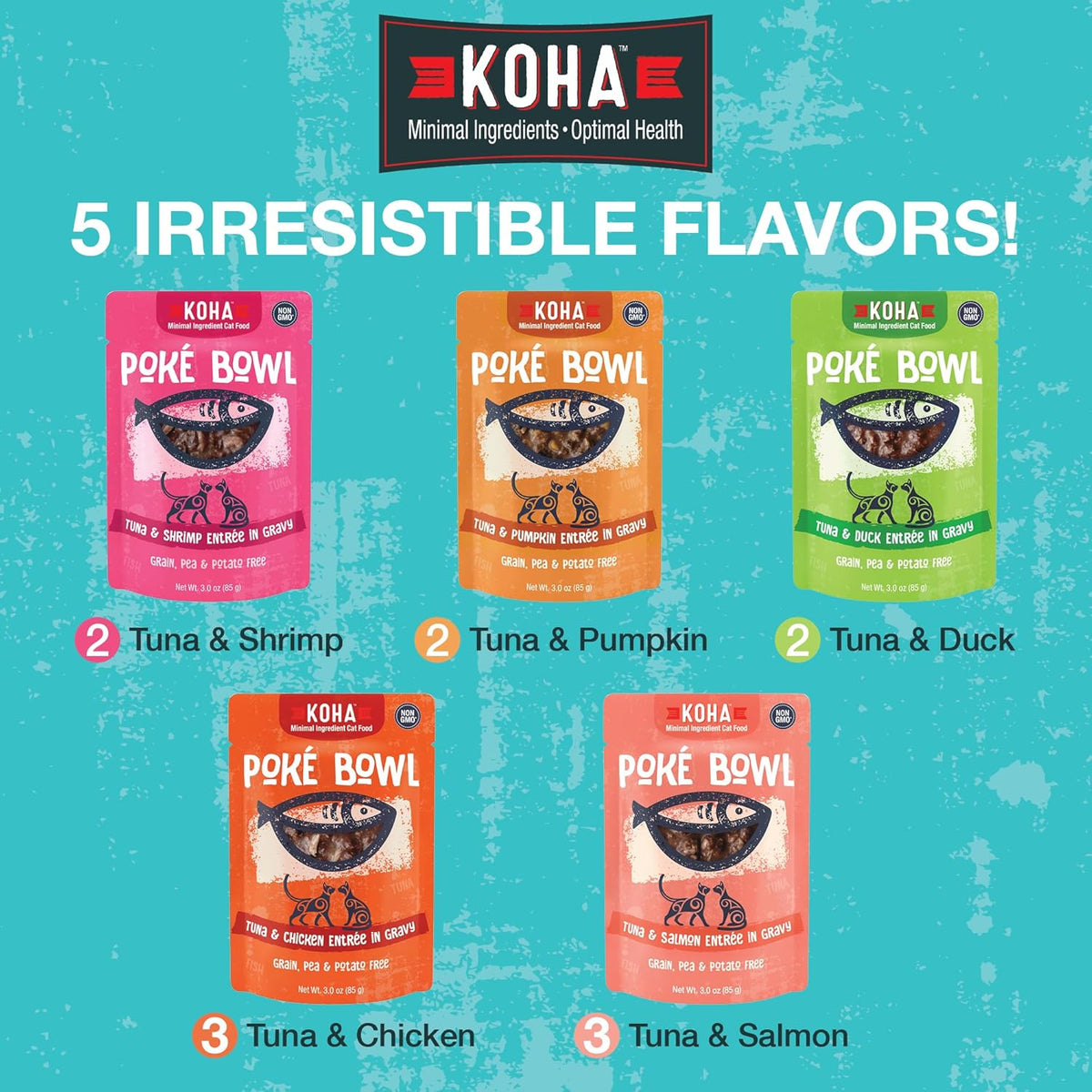 KOHA Pet Food Poké Bowl Cat Variety Pack, Wet Cat Food in Gravy - 5 Flavors - Tuna Combinations of