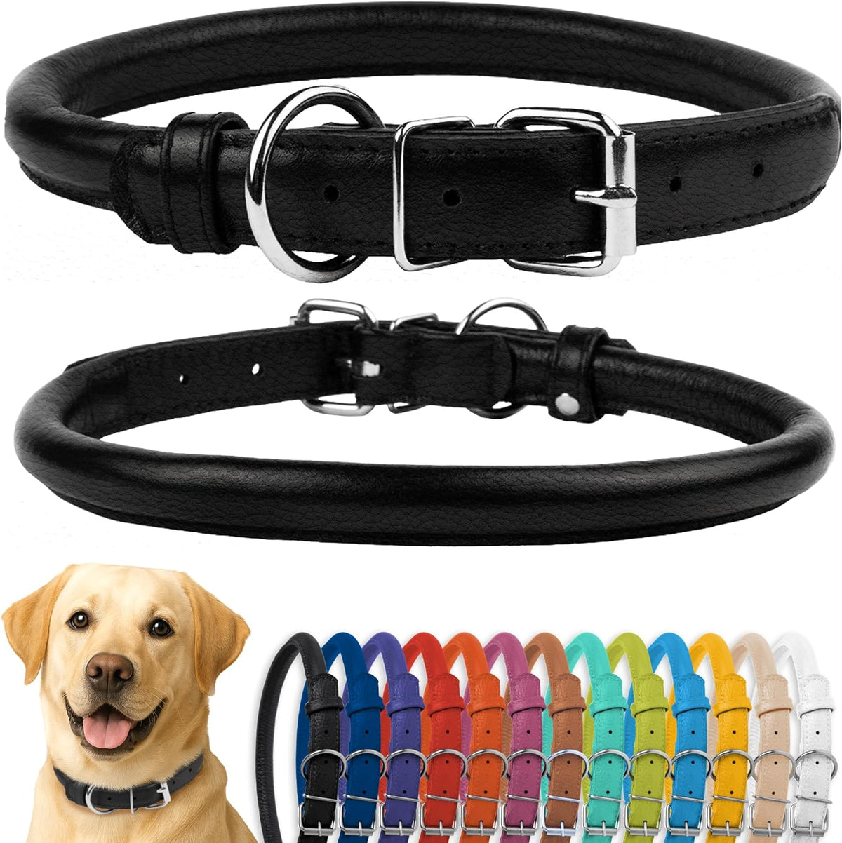 CollarDirect Rolled Leather Dog Collar, Soft Padded Round Puppy Collar, Handmade Genuine Leather