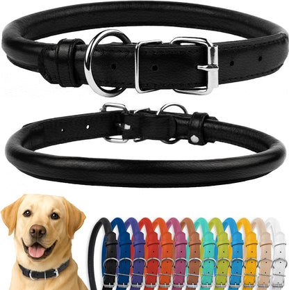 CollarDirect Rolled Leather Dog Collar, Soft Padded Round Puppy Collar, Handmade Genuine Leather