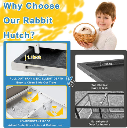 48" L Rabbit Hutch Outdoor Indoor Bunny Hutch Weatherproof, 2-Story Wood Rabbit Cage with Deep