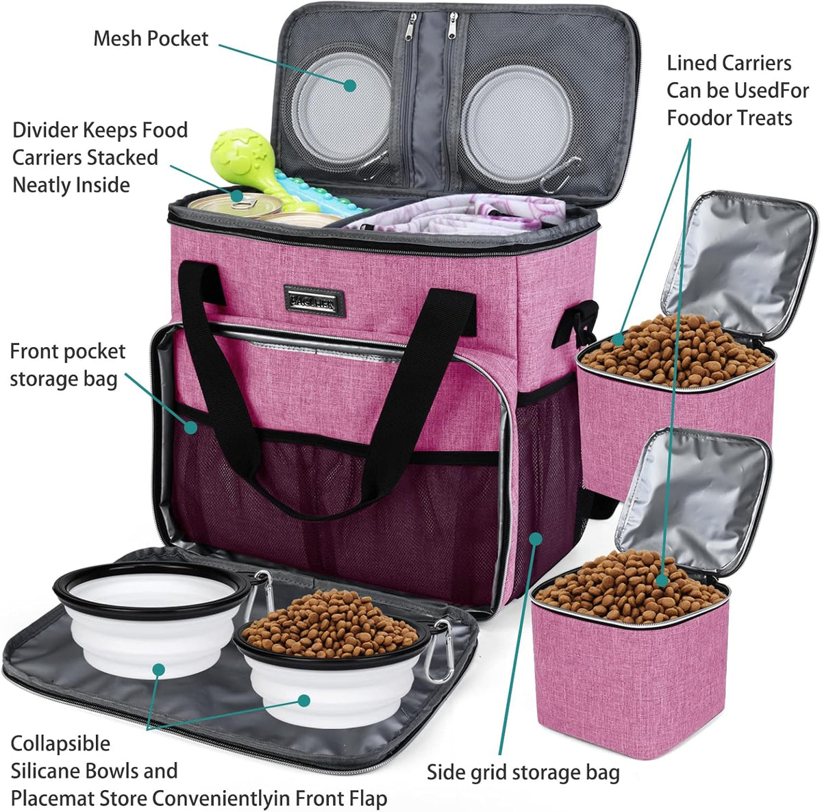 BAGLHER Dog Travel Bag, Pet Travel Bag (ALL Pet Travel Supplies), With 2 Pet Food Containers and 2