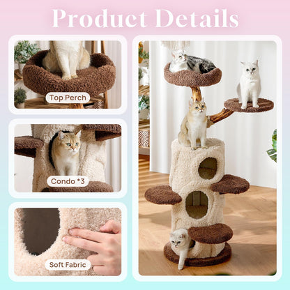 54.7'' Tall Modern Wood Cat Tree with 3 Level House, Luxury Cat Tower for Home Decoration, Large