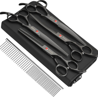 Dog Grooming Scissors Kit, Fcysy Professional Pet Hair Cutting Shears Set with Curved & Straight