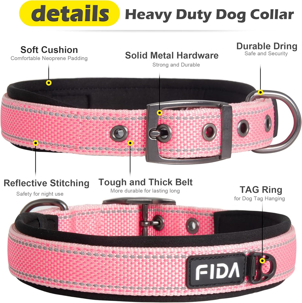 Fida Heavy Duty Dog Collar, Ultra Comfortable Soft Neoprene Padded, Adjustable Reflective Nylon Pet