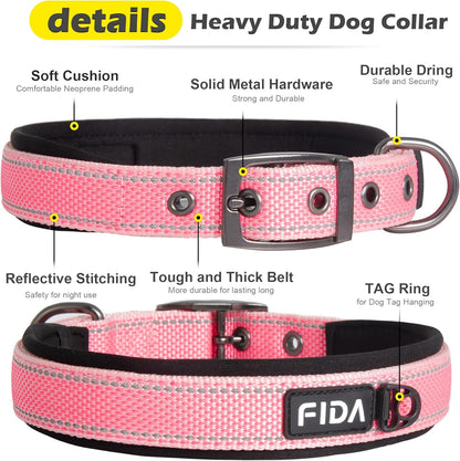 Fida Heavy Duty Dog Collar, Ultra Comfortable Soft Neoprene Padded, Adjustable Reflective Nylon Pet
