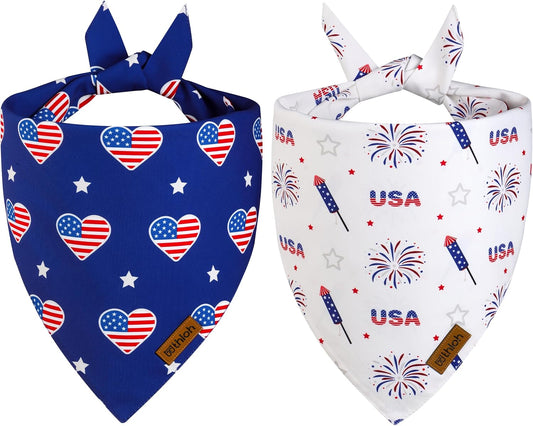 4th of July Dog Bandanas - 2 Pack Reversible American Flag Pet Scarf for Boy and Girl | Premium