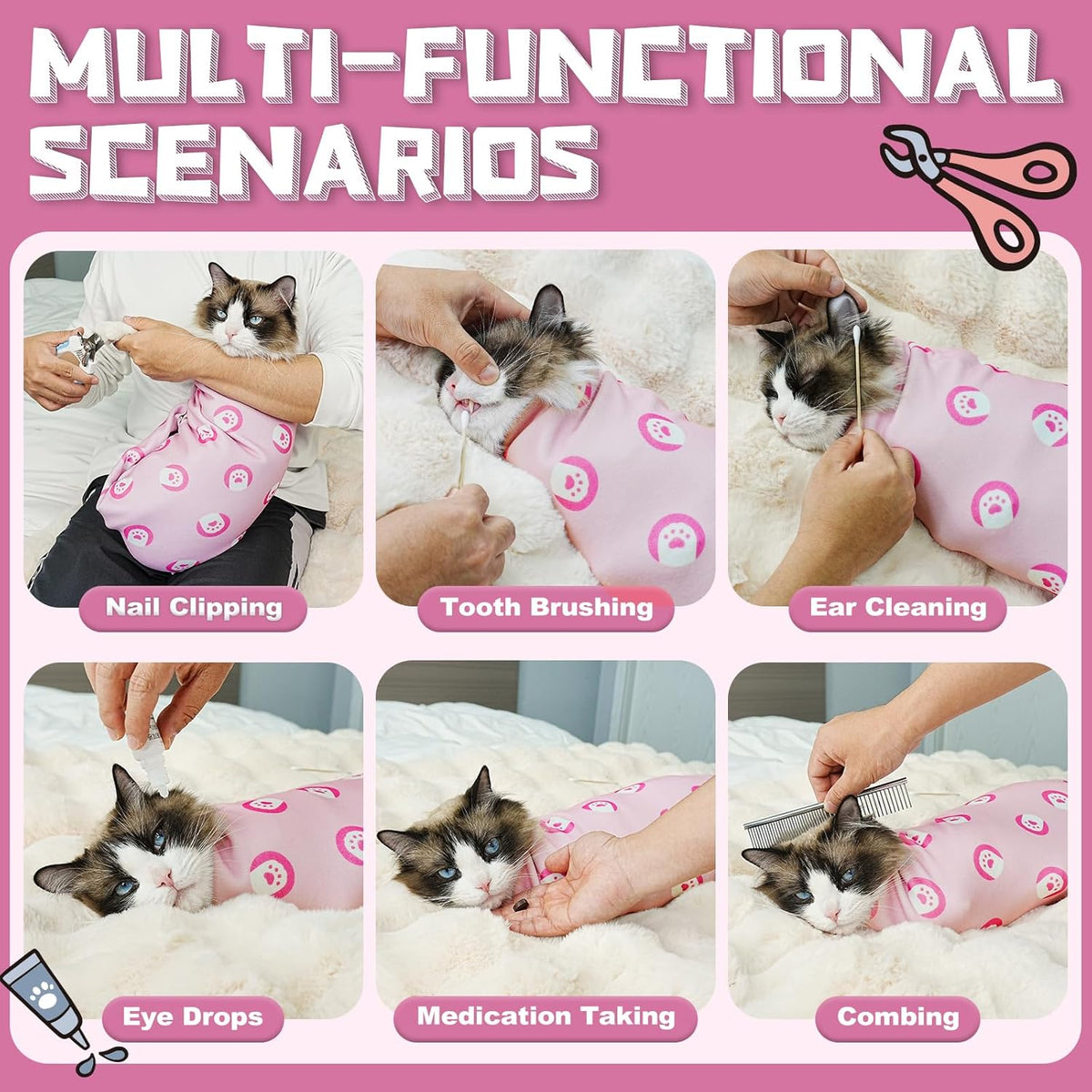 Supet Cat Wrap for Cutting Nails, Self-Adhesive Grooming Wrap, Anti-Scratch Cat Swaddle for