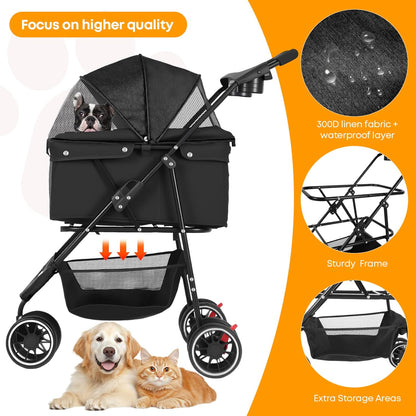 Pet Stroller,Dog Stroller for Small Medium Dogs Cats,3 Wheels,Foldable,with Breathable Mesh