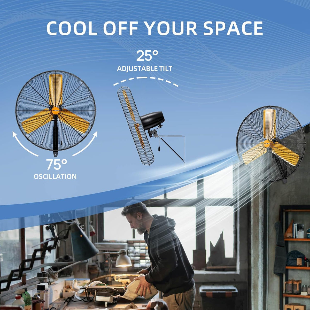 24 inch Oscillating High Velocity Wall Mount Fan, 7600 CFM Industrial Heavy Duty Metal Wall Fan, 3