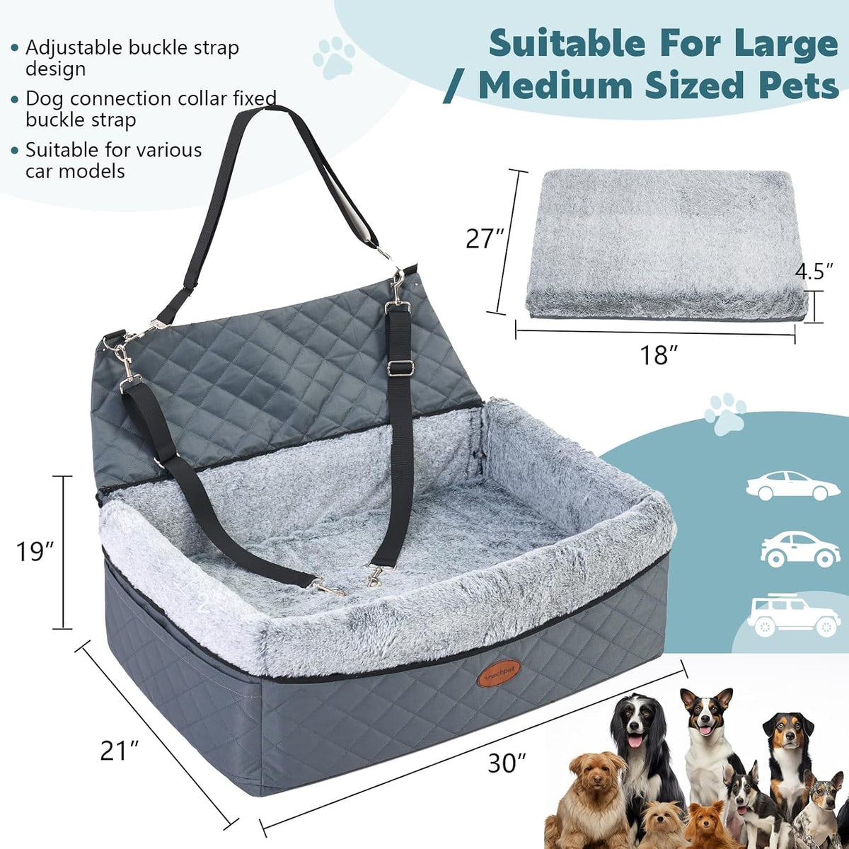 Dog Car Seat for Large/Medium Pet, Anti Slip Bottom Dogs Booster Seat for All Seasons,Pet Travel