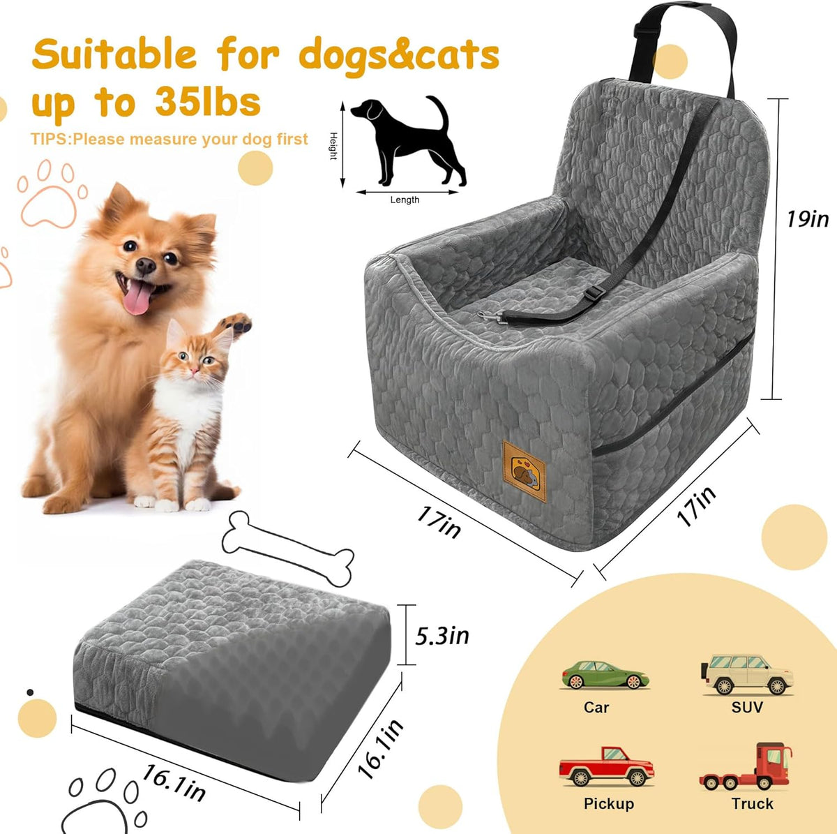 Dog Car Seat for Small/Medium Dogs, Memory Foam Dog Booster Seat, Travel Safety Per Car Seat with