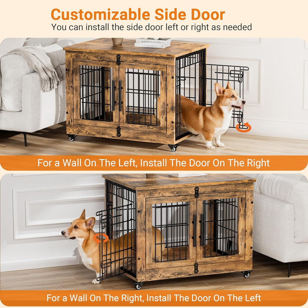 Lulive Dog Crate Furniture, Dog Kennel Indoor Double Doors Wooden Dog Cage, 32'' Heavy Duty Dog