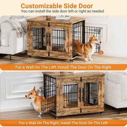 Lulive Dog Crate Furniture, Dog Kennel Indoor Double Doors Wooden Dog Cage, 32'' Heavy Duty Dog