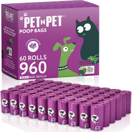 Pet N Pet Poop Bags for Dogs, 960 Counts Lavender Scented Dog Poop Bags Rolls, USDA Certified 38%