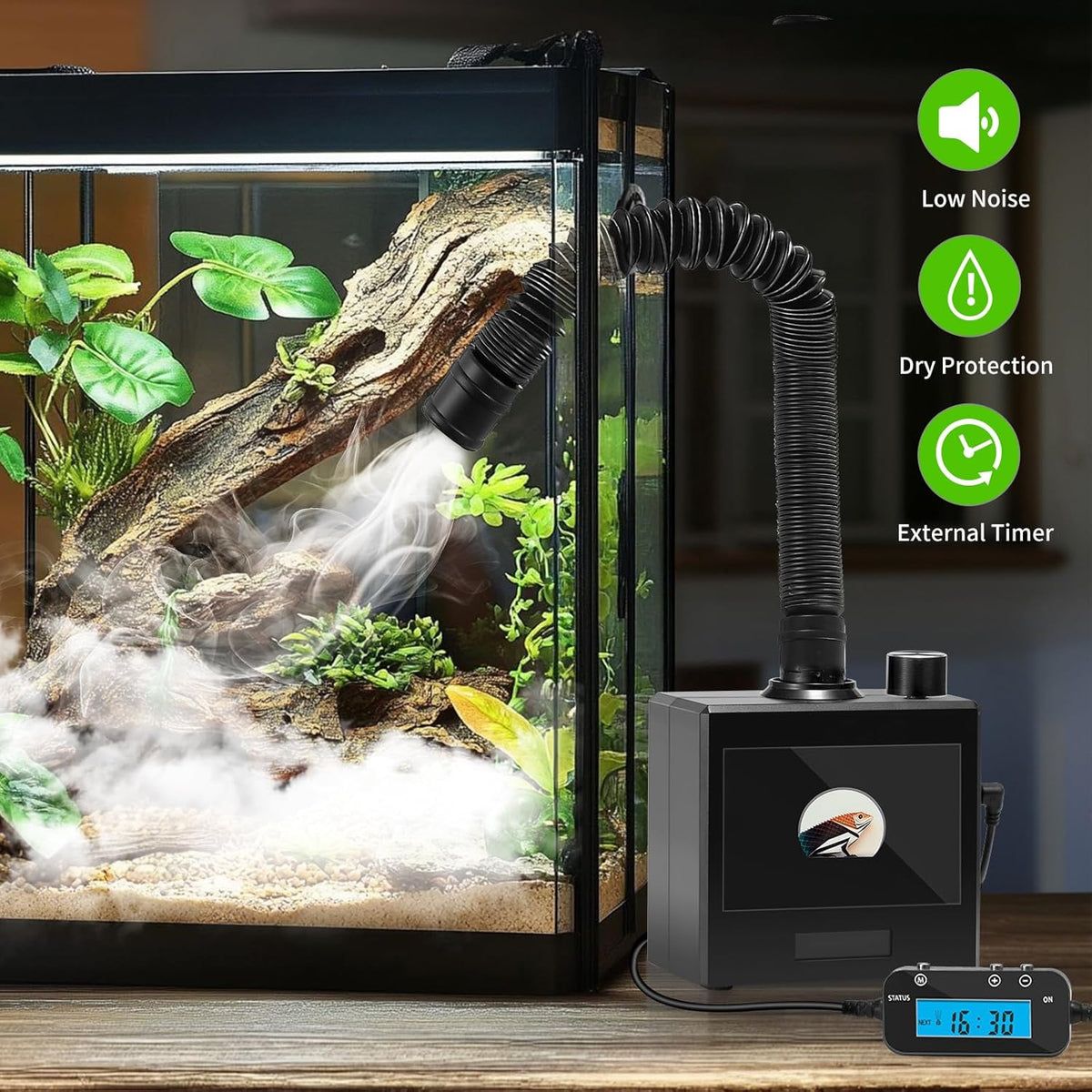 Reptile Fogger Humidifier for Glass Terrariums, Auto-Refill Misting System with Timer, Suitable for