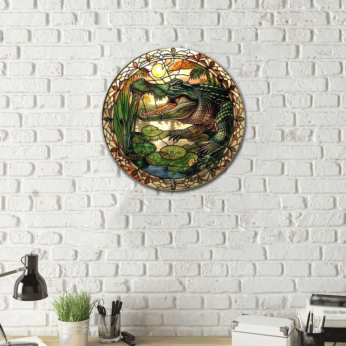 Lygond Metal Sign Tin Sign Circular Stained Glass Alligator Minimalist Wall Art for Home Decor