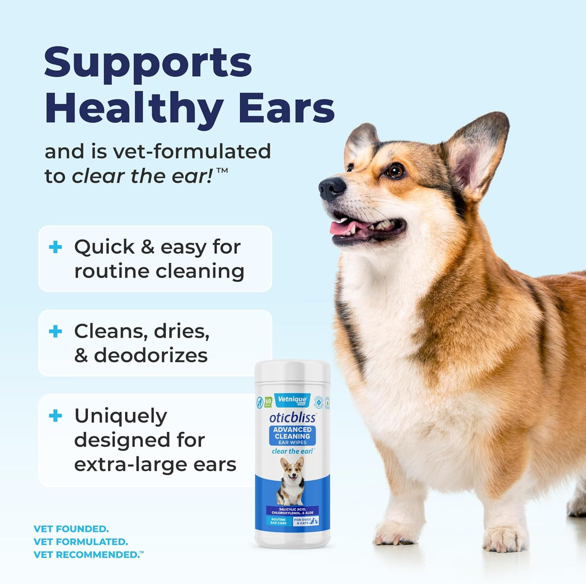 Vetnique Oticbliss Advanced Cleaning Ear Wipes for Dogs for Odor Control, Dirt and Wax Removal with