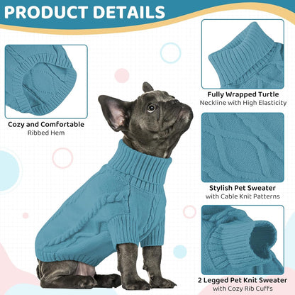 Queenmore Small Dog Pullover Sweater, Cold Weather Cable Knitwear, Classic Turtleneck Thick Warm