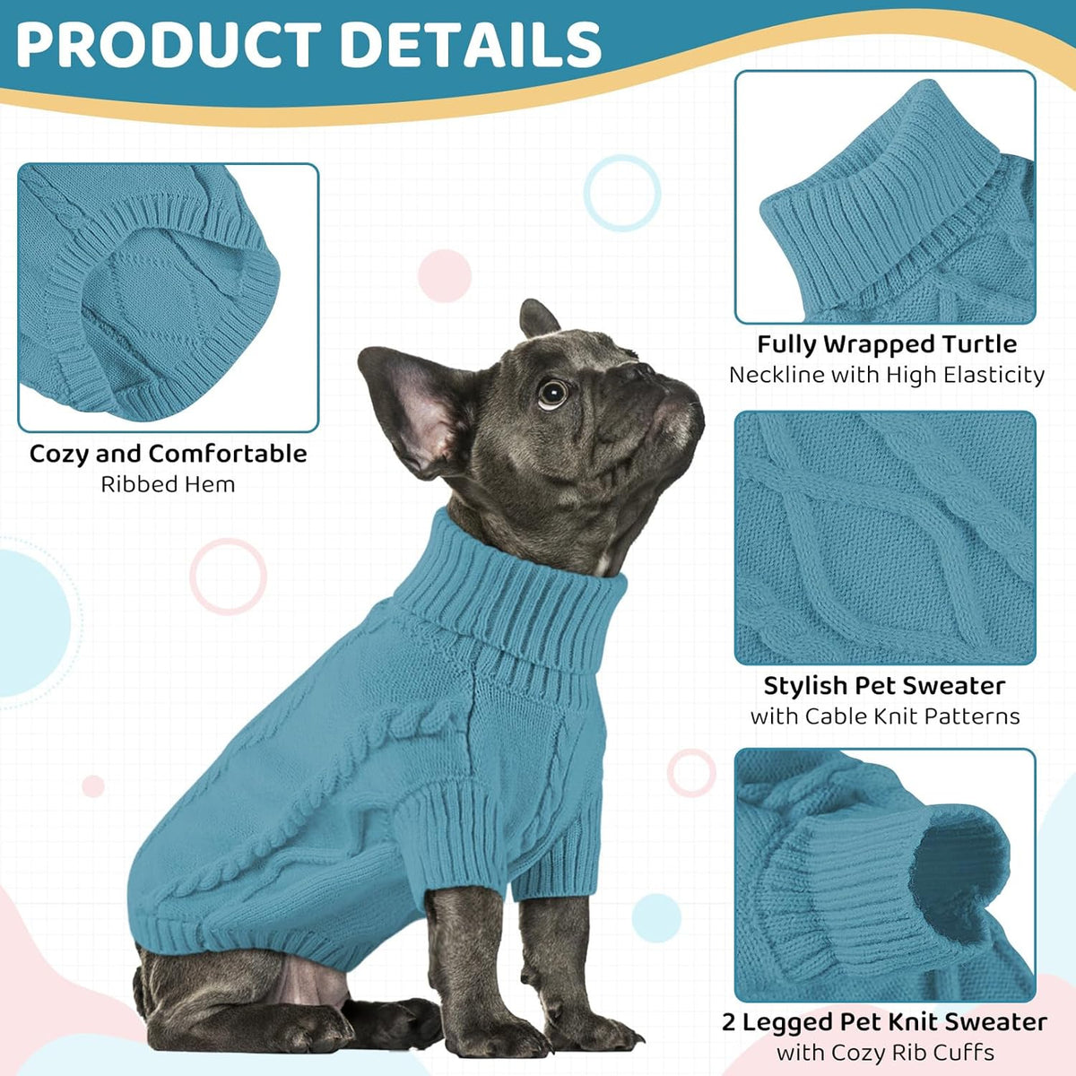 Queenmore Small Dog Pullover Sweater, Cold Weather Cable Knitwear, Classic Turtleneck Thick Warm