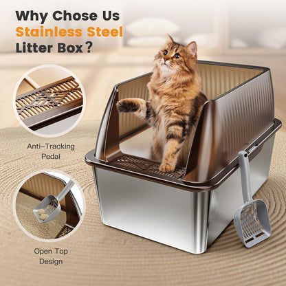 Tripamin 15” XL Stainless Steel Cat Litter Box Enclosure, XXL Stainless Steel High Sides with Lid