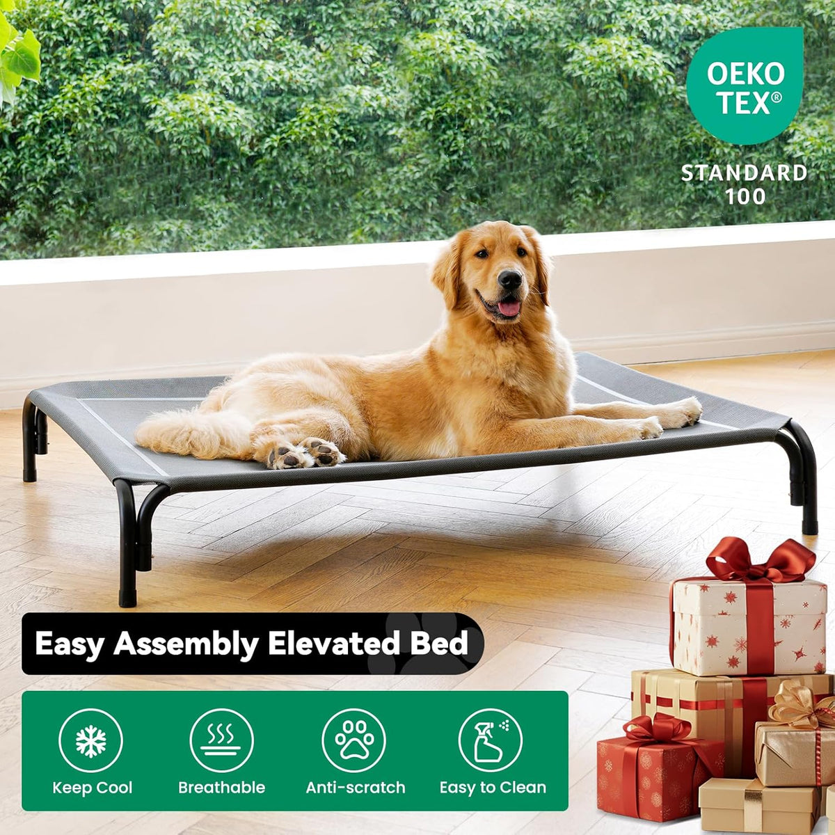 Elevated Dog Bed Raised Outdoor Dog Cot for Medium Dogs, Installation Requires No Tools, Frame with