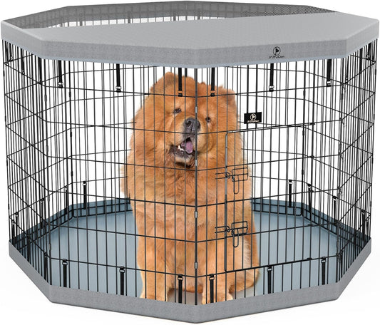 PJYuCien Dog Playpen, 8 Panels 42”H Dog Playpen Indoor with Grey Bottom Pad and Top Cover, Metal