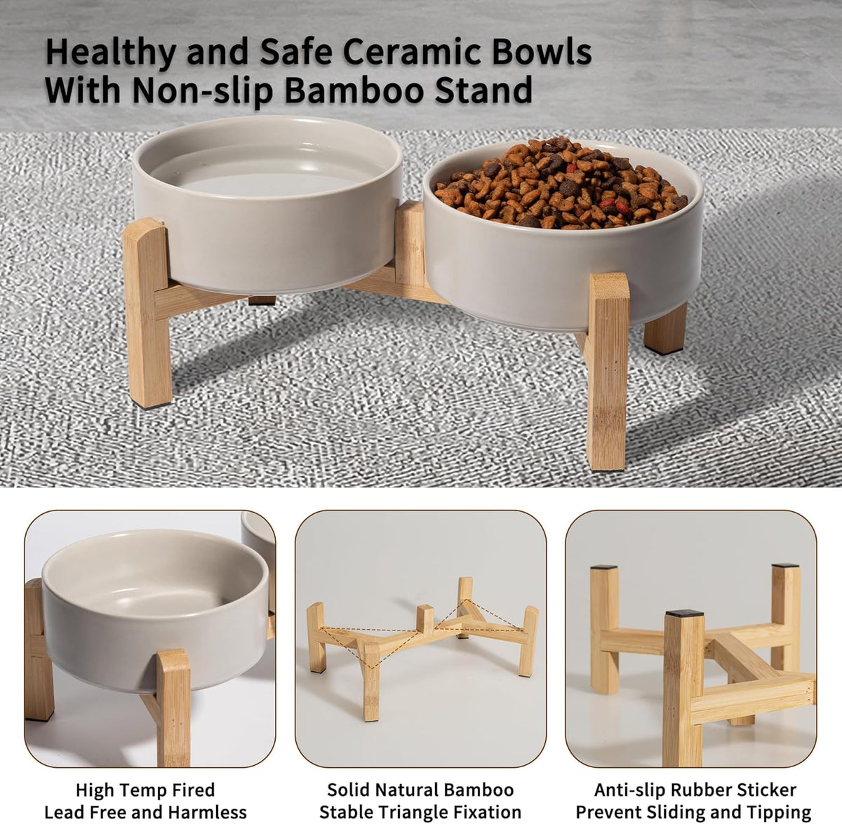 Elevated Ceramic Dog Bowl Set - Raised Feeding Bowls with Non-Slip Bamboo Stand - Small Pet Dishes