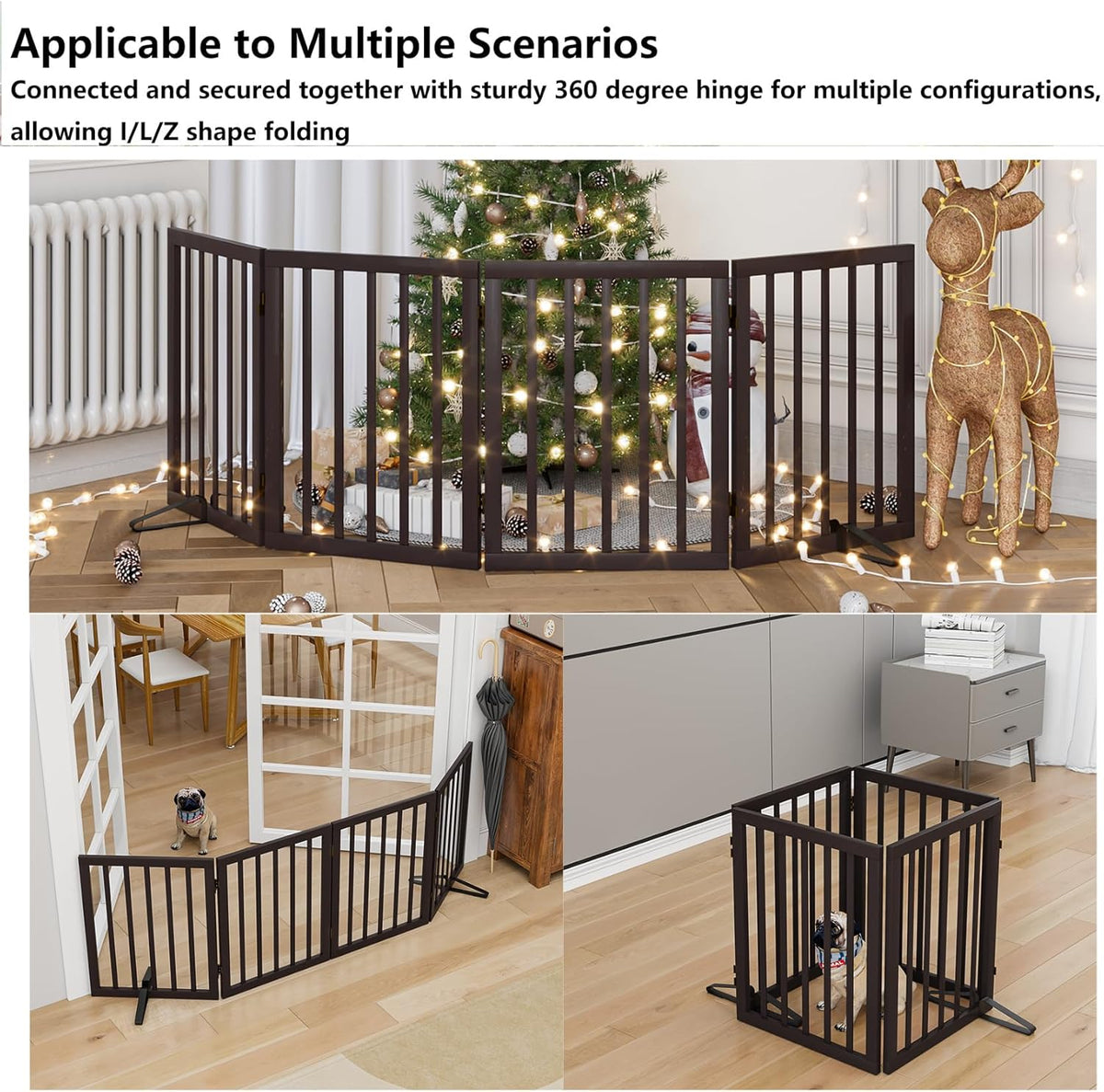 Wooden Dog Gate Freestanding Foldable 4 Panel Pet Gates Extra Wide Dog Gates for Indoor Doorways