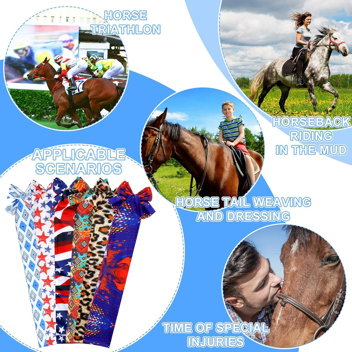 6 Pcs Horse Tail Bag Breathable Guard 22" Slip on Horse Care Tail Wrap 2 Strand Closure Straps