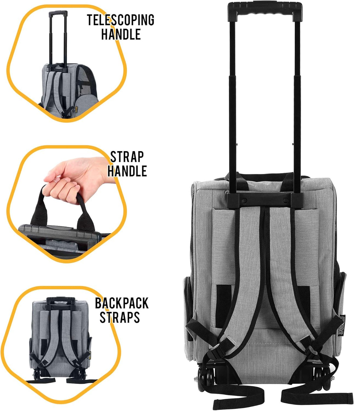 KOPEKS Deluxe Backpack Pet Travel Carrier with Double Wheels for Pets up to 10 Pounds - Black