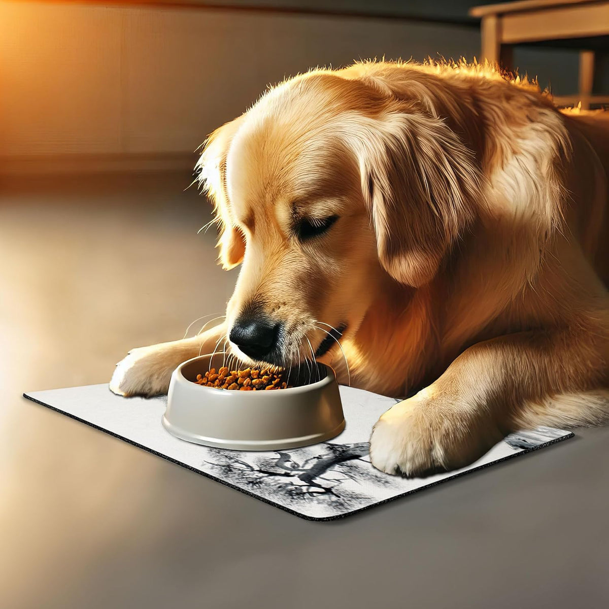 Lunarable Asian Pet Mat for Food and Water, Lone Pine on Mountain Slope Art Traditional Chinese