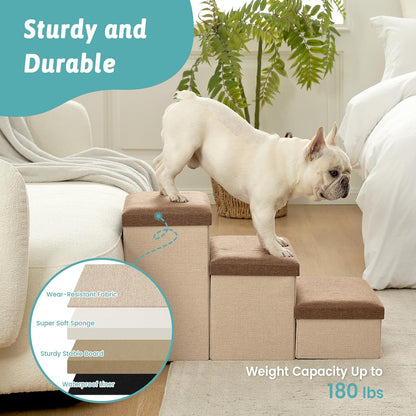 Dog Stairs with Storage, 4-Step Wider Sturdy Dog Steps for Small/Medium/Large Dogs and Older Cats