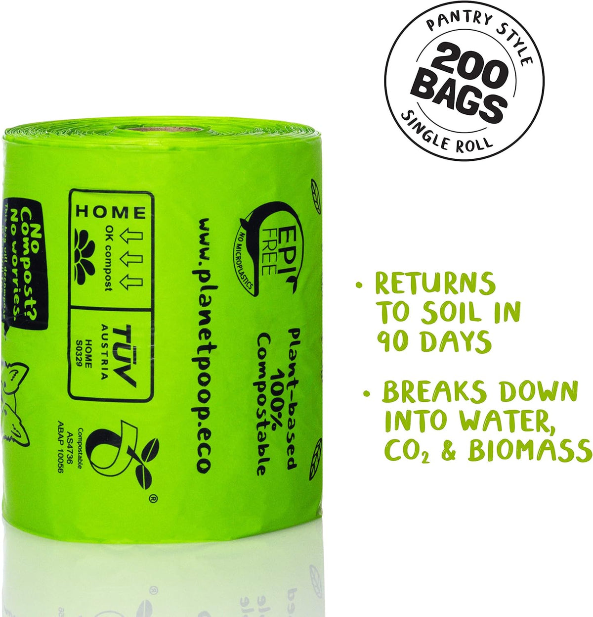 PLANET POOP Home Compostable Dog Poop Bags Extra Long with Handles | Large Single Roll 200 Grab &