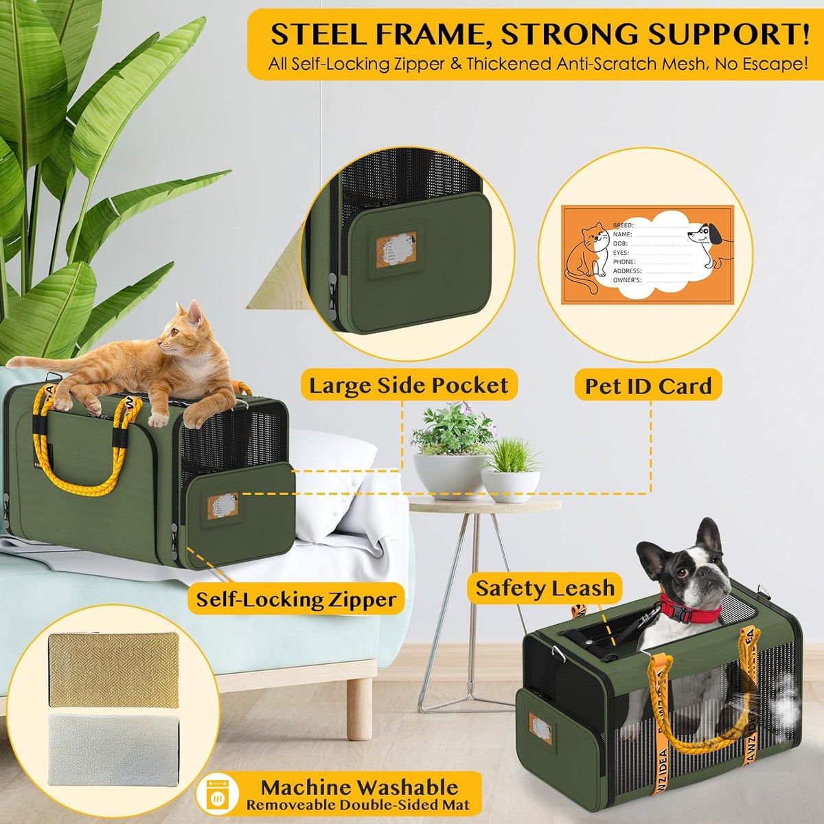 PAWZIDEA Expandable Pet Carrier w/ID Card, 18x11x11 in Small Dog Carrier TSA Airline Approved, Top