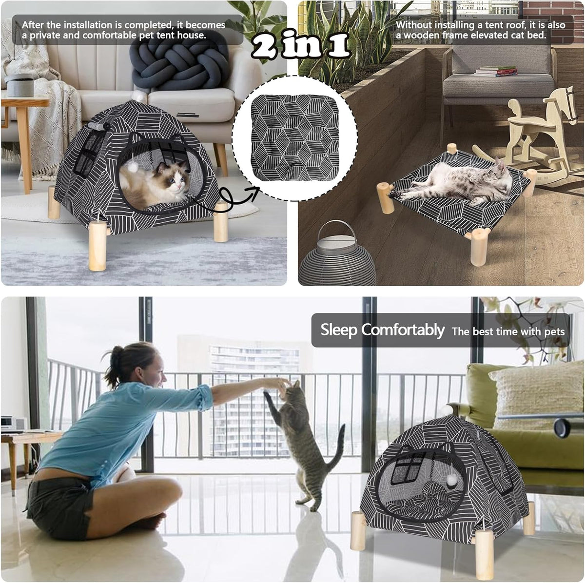 2-in-1 Elevated Cat Tent Cat House, Quick Assembly and Disassembly, Portable Indoor/Outdoor Cute