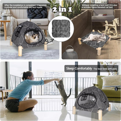 2-in-1 Elevated Cat Tent Cat House, Quick Assembly and Disassembly, Portable Indoor/Outdoor Cute