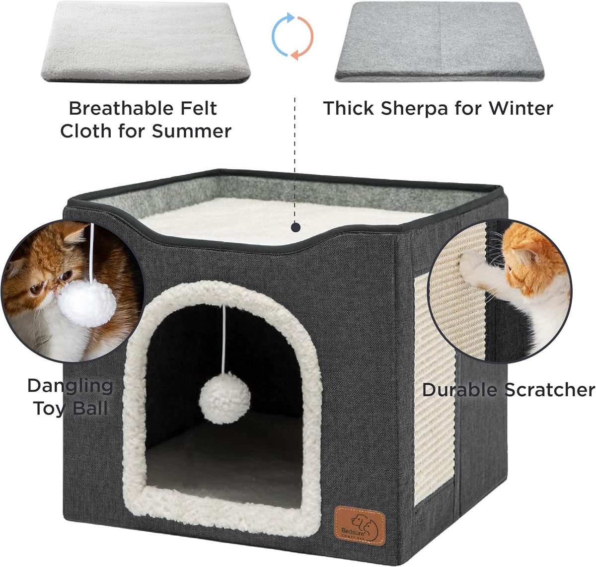 Bedsure Cat Beds for Indoor Cats - Large Cat Cave for Pet Cat House with Fluffy Ball Hanging and