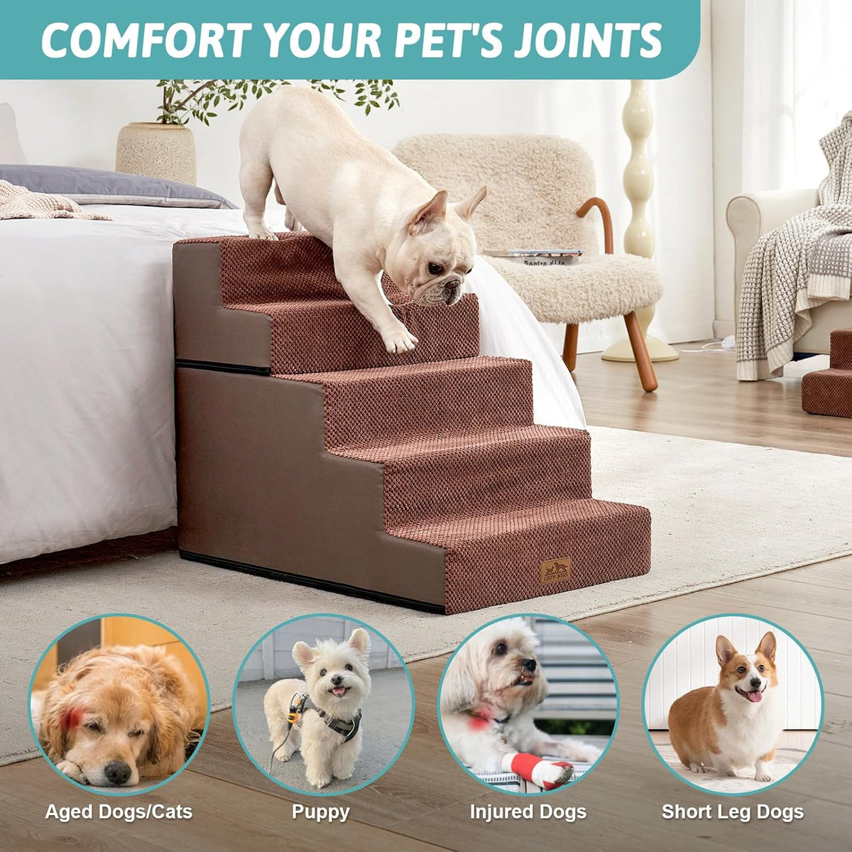 Dog Stairs for Small Dogs, 5 Tier Removable Wider Pet Stairs for Couch and Bed, 23.6" H Non-Slip